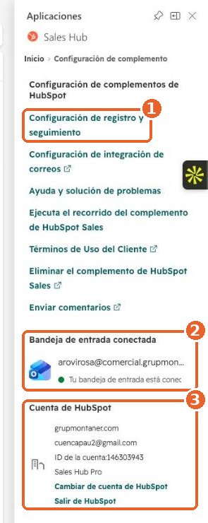 Configuración de complemento con el enlace Configuración de registro y seguimiento, la bandeja conectada y la cuenta de HubSpot señalados