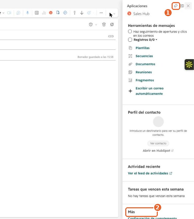 Panel de HubSpot en un correo nuevo con la chincheta y el apartado Más señalados