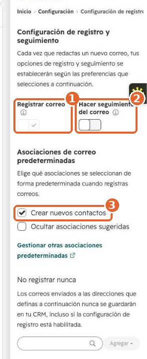 Configuración de registro y seguimiento con los interruptores Registrar correo y Hacer seguimiento del correo y la casilla Crear nuevos contactos señalados