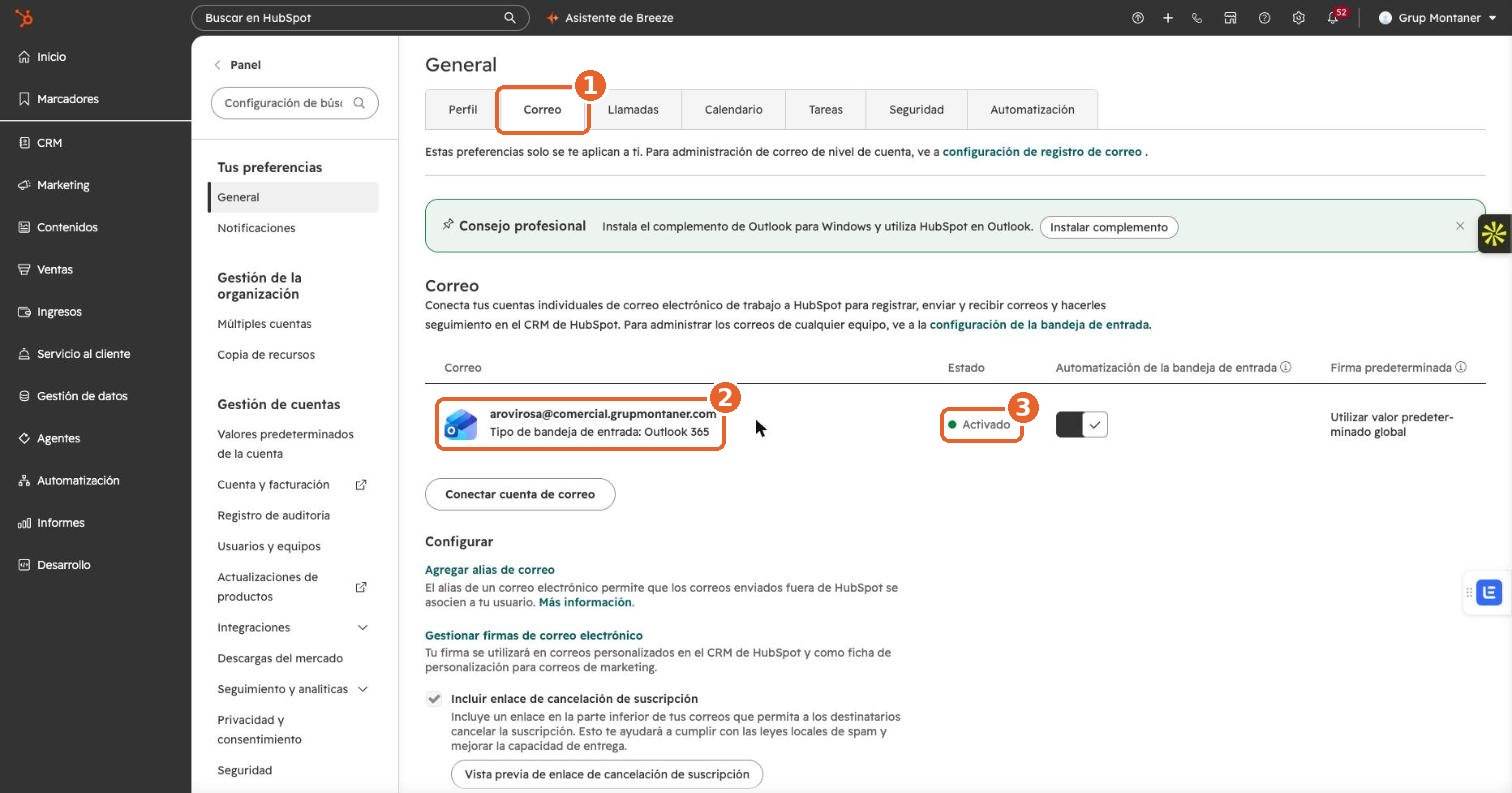 HubSpot, pestaña Correo, con un buzón de Outlook 365 conectado y el estado Activado señalados