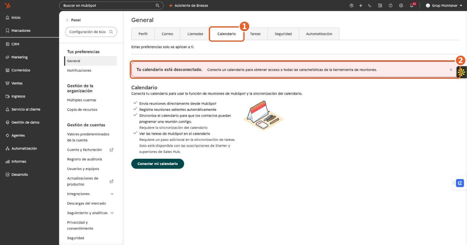 HubSpot, pestaña Calendario, con el aviso rojo Tu calendario está desconectado señalado
