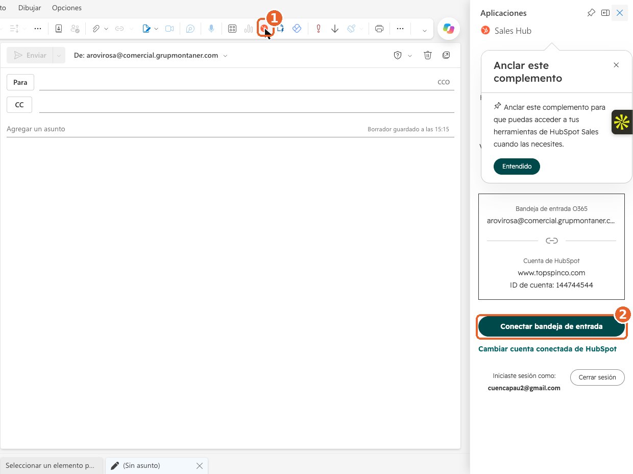 Panel de HubSpot en Outlook con el icono Herramientas de ventas y el botón Conectar bandeja de entrada señalados