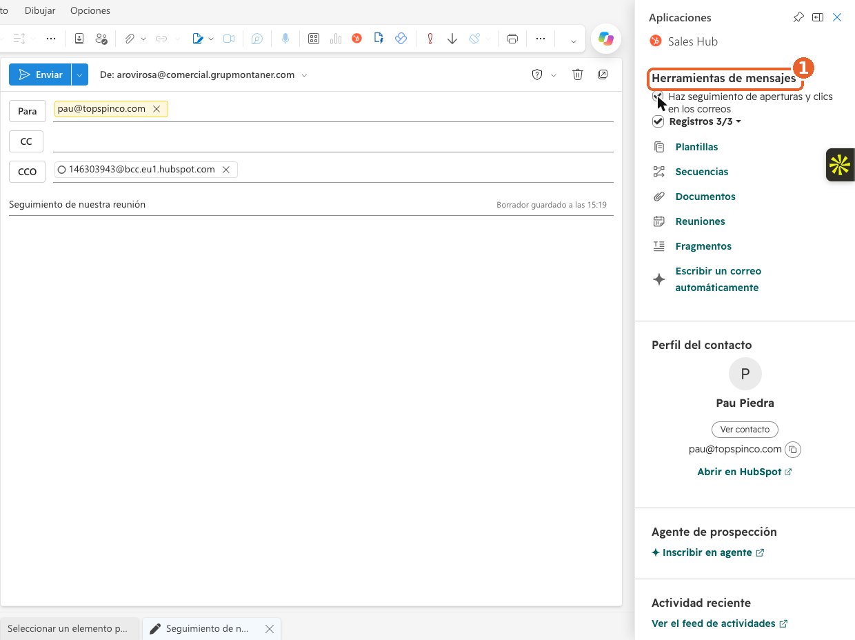 Panel de HubSpot en Outlook con el apartado Herramientas de mensajes señalado