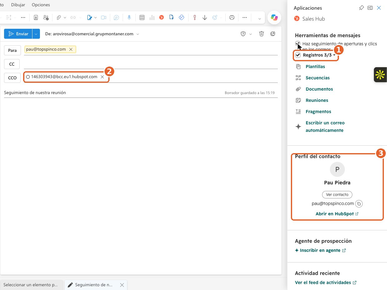 Correo nuevo con Registros marcado, la copia oculta 146303943@bcc.eu1.hubspot.com y el perfil del contacto señalados