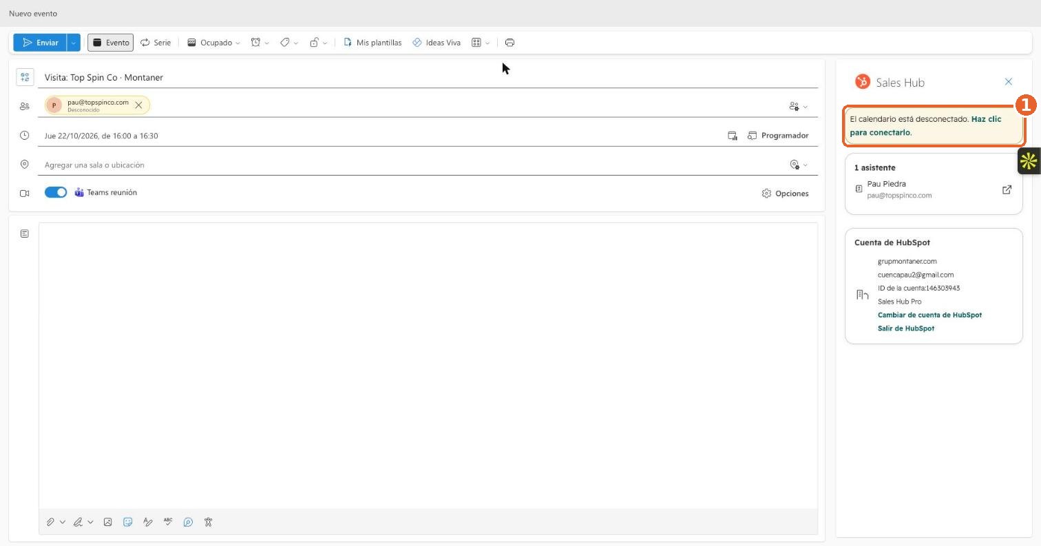 Reunión nueva en Outlook con el panel Sales Hub mostrando el aviso El calendario está desconectado señalado