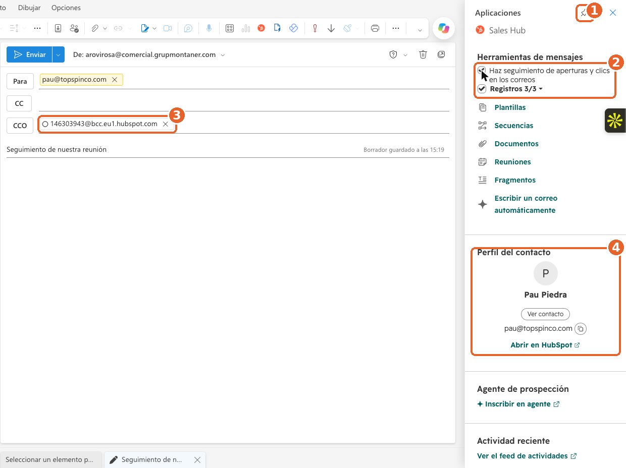 Correo nuevo en Outlook con el panel de HubSpot, Registros marcado, copia oculta a HubSpot y perfil del contacto