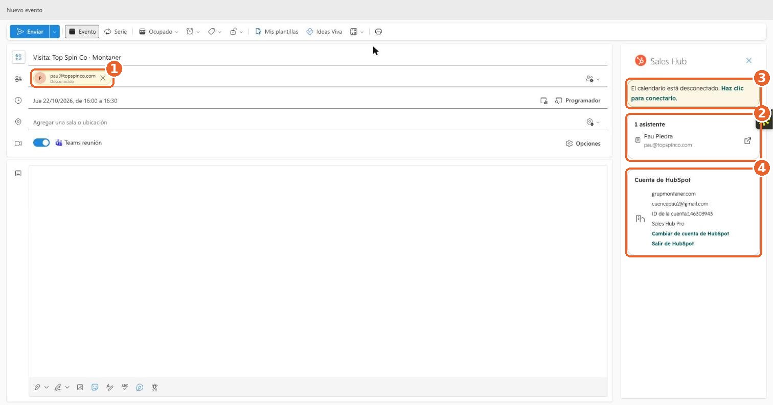 Reunión nueva en Outlook con el panel Sales Hub mostrando el asistente, un aviso de calendario desconectado y la cuenta de HubSpot de Grup Montaner