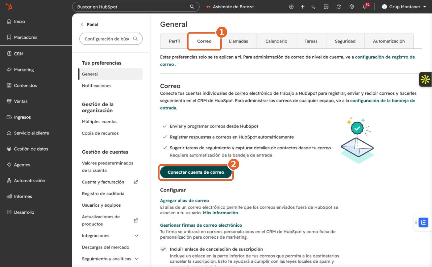 HubSpot, Configuración, General, pestaña Correo, con la pestaña Correo y el botón Conectar cuenta de correo señalados