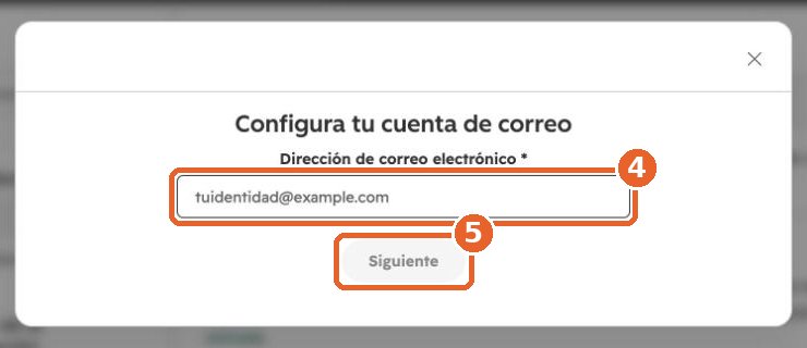 Ventana Configura tu cuenta de correo con el campo de correo y el botón Siguiente señalados
