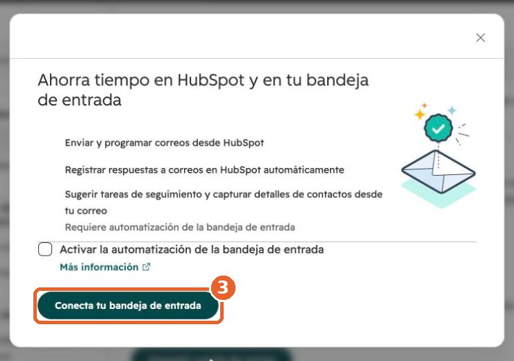 Ventana de HubSpot con el botón Conecta tu bandeja de entrada señalado