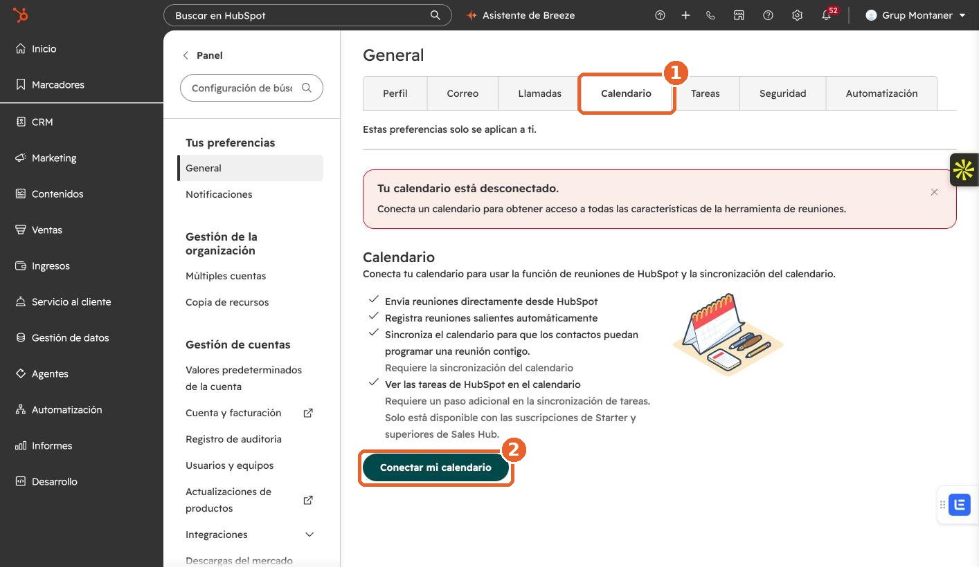HubSpot, pestaña Calendario con el aviso Tu calendario está desconectado y el botón Conectar mi calendario señalado