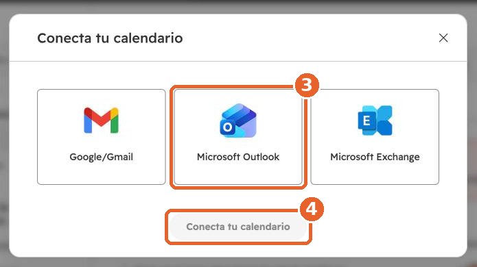 Ventana Conecta tu calendario con Microsoft Outlook y el botón Conecta tu calendario señalados