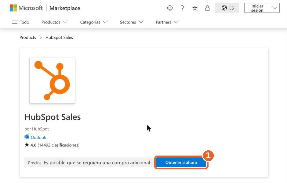 Ficha de HubSpot Sales para Outlook en Microsoft Marketplace con el botón Obtenerla ahora señalado